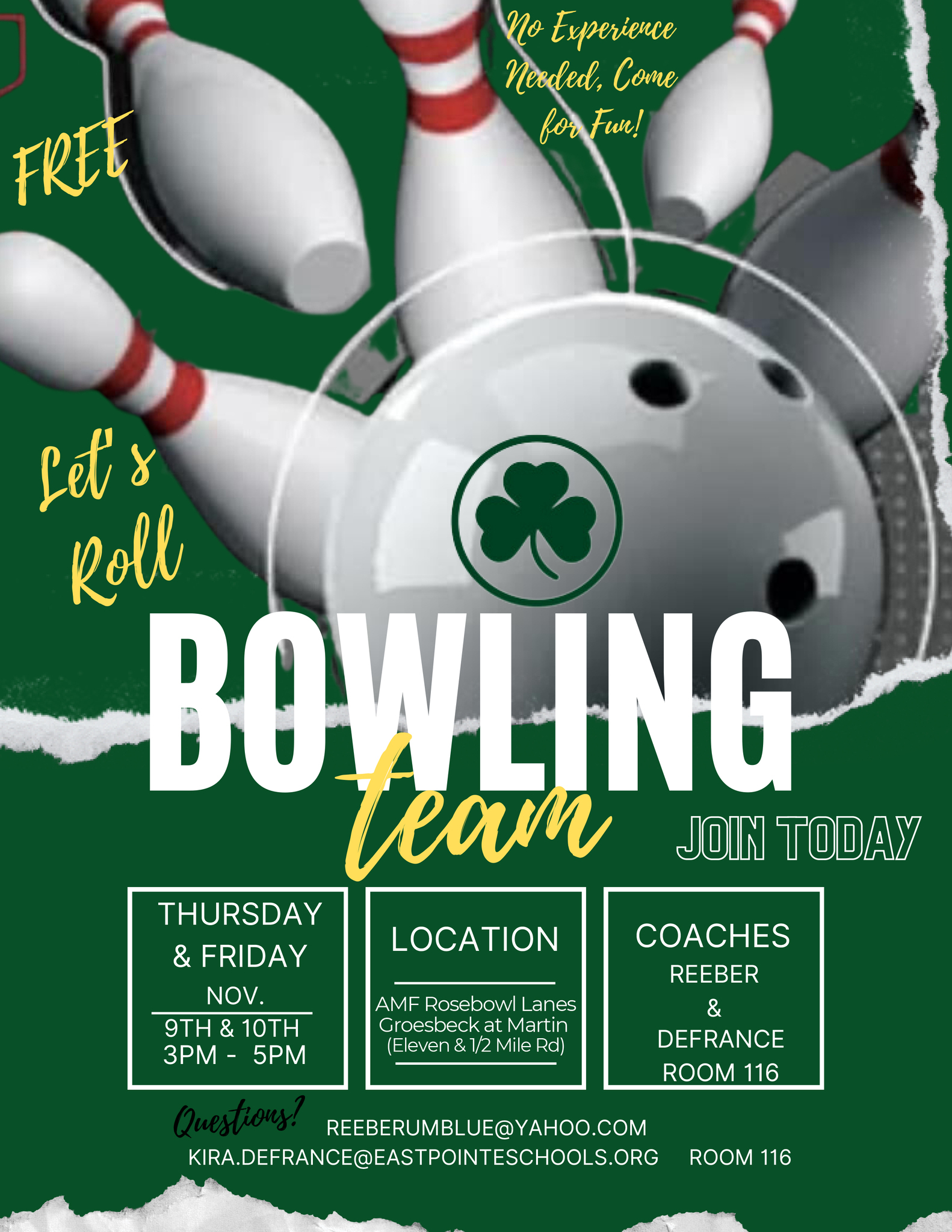 High school bowling tryouts flier - November 9 and 10 from 3-5pm at Rosebowl Lanes