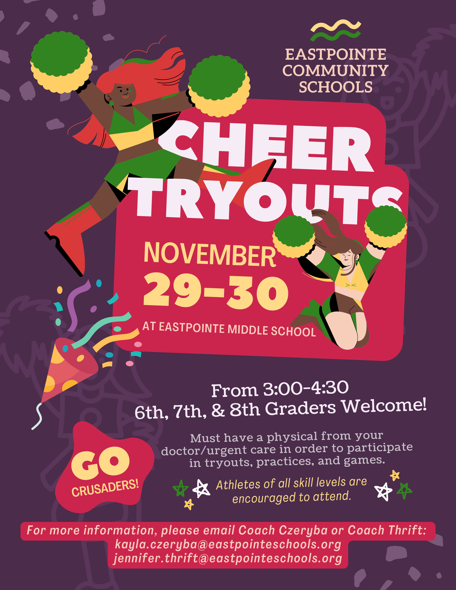 Middle School Cheer Tryouts Flier November 29-30 at Eastpointe Middle School