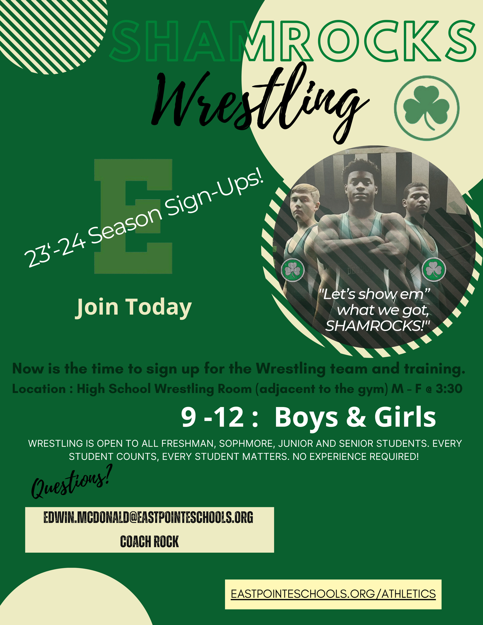 Wrestling sign-ups flier - grades 9-12 boys and girls welcome; Location - high school wrestling room Monday-Friday at 3:30pm