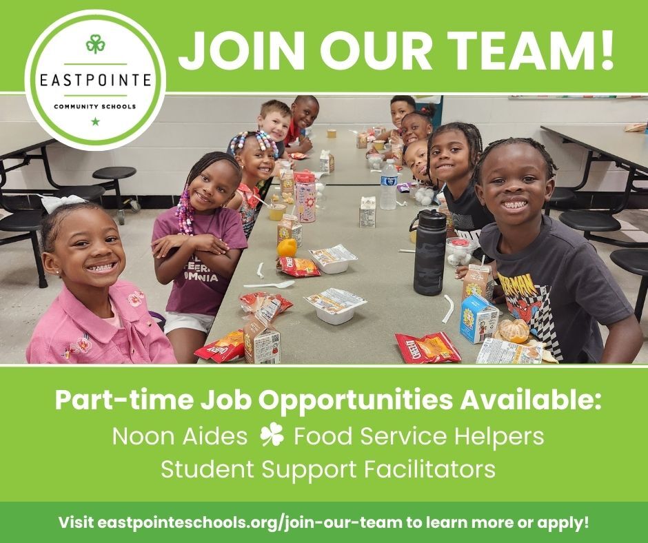 Photo of a diverse group of young children smiling while sitting at a cafeteria table eating breakfast food. Text reads "Join our team! Part-time job opportunities available: Noon Aides, Food Service Helpers, Student Support Facilitators."